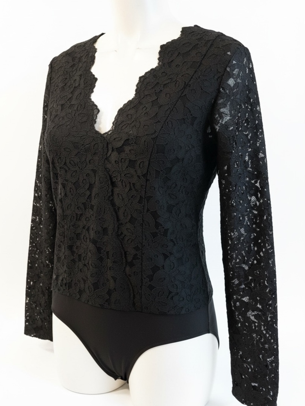 Ann Taylor Black Lace Bodysuit | Medium Scalloped Neck Long Sleeve Elegant Top - Picture 3 of 13